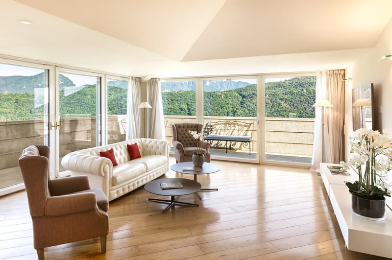 large sliding windows, couch, wooden floor, table, plants, lamp