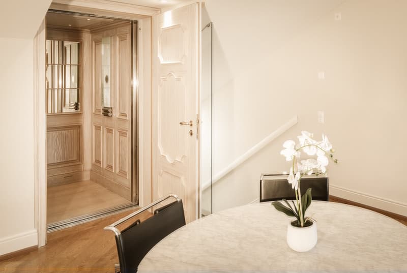 Dining room, table, chairs, plant, white walls, wood floor, door