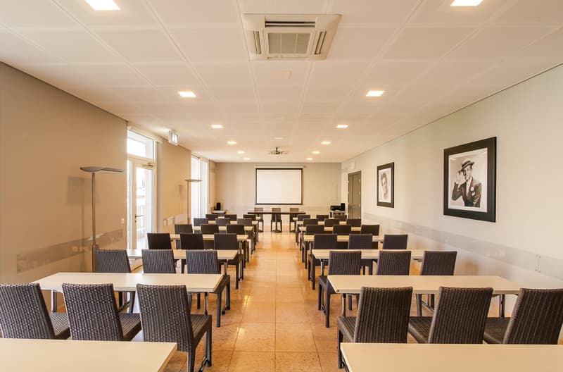 Large conference room with rows of chairs facing a projection screen, wooden tables, and framed artwork on the walls.