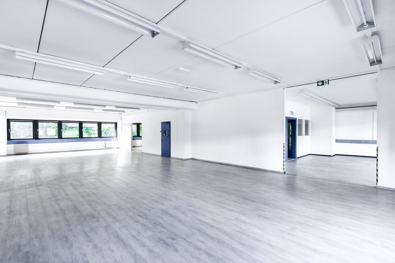 Large open office space with white walls, gray laminate flooring, and overhead lighting. The room has multiple windows providing natural light. There are two blue doors visible, likely leading to other rooms or areas of the office.