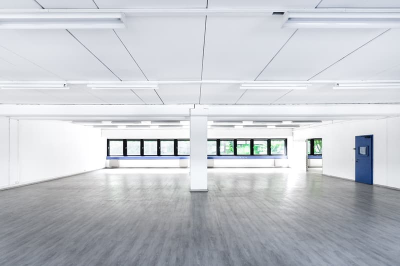 Large open space with white walls, gray hardwood floors, and multiple windows. The room has a minimalist design with no furniture or decor visible.