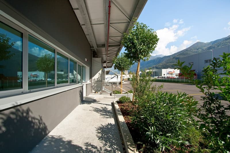 The image shows the exterior of a commercial building with large windows, a covered walkway, and landscaping with trees and shrubs. The building appears to be situated in a mountainous area with a clear sky in the background.