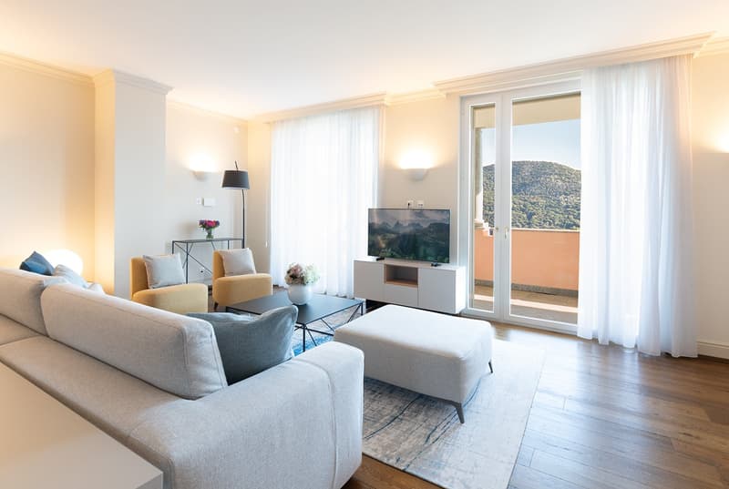 Large sofa, coffee table, TV, floor lamp, double glass doors to balcony
