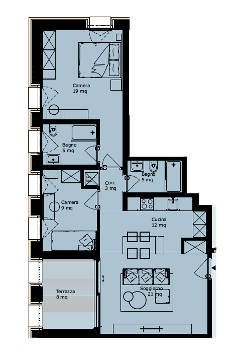 The floor plan shows a 2-bedroom apartment with a living room, kitchen, 2 bathrooms, and a terrace.