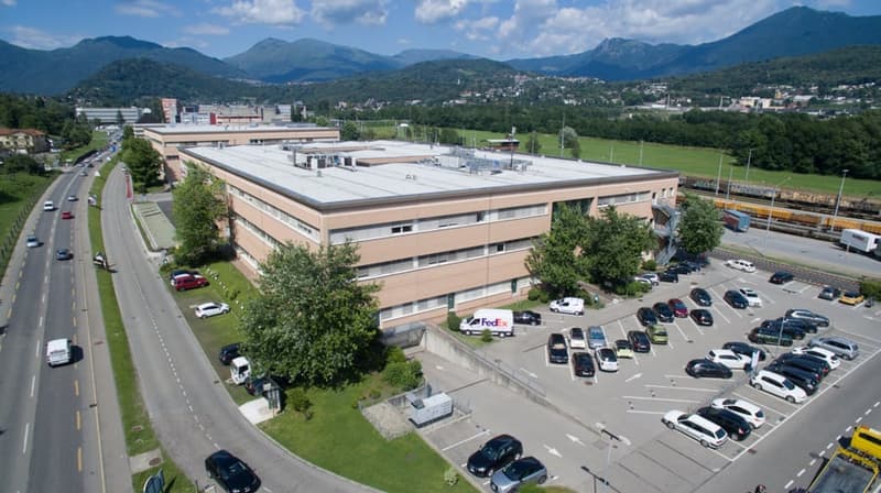 large building, many cars parked in front, mountains in the background