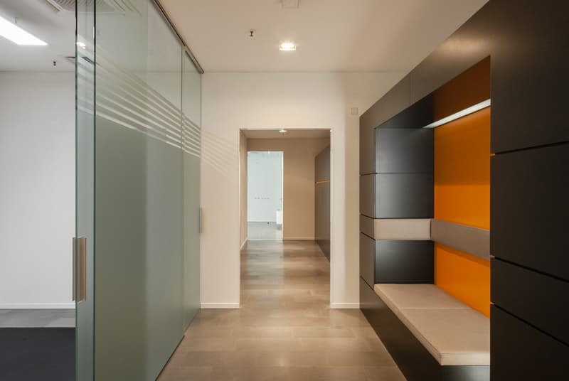 modern hallway, glass wall, tiled floor, white walls, ceiling lights, empty room