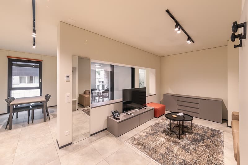 Open concept living space with living room, dining area, and kitchen. Hardwood floors, modern furniture, and large windows providing natural light. TV console, coffee table, and side tables in the living room area. Dining table with chairs. Sliding glass