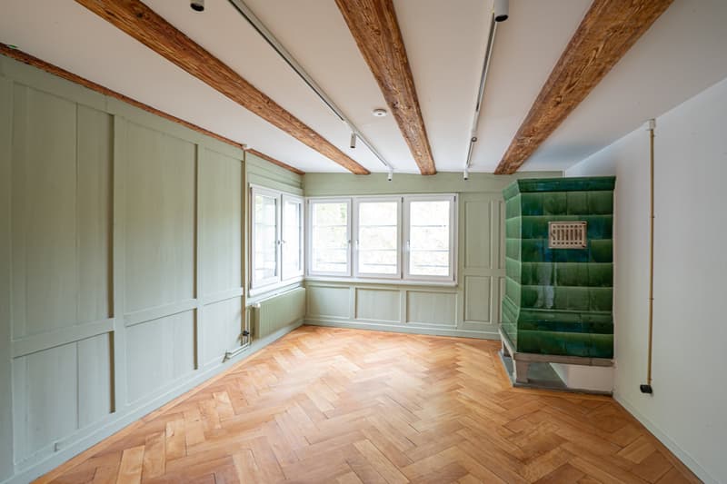 wooden parquet floor, fireplace, radiator, windows, wooden beams