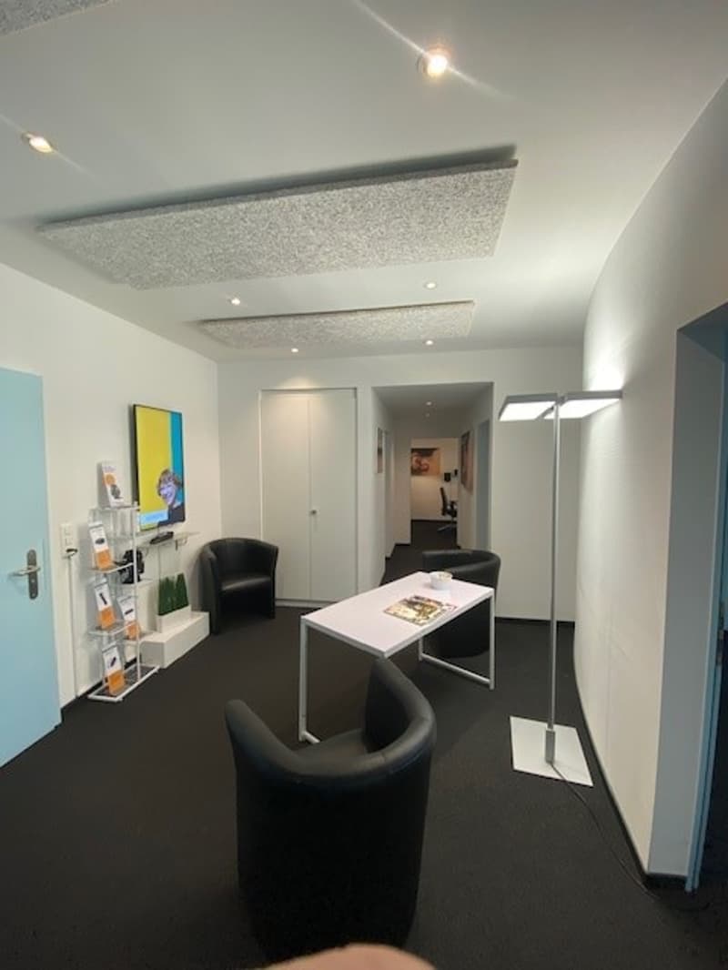 White room with black carpets and white walls, two black chairs, a white table with books, white cabinets, a blue door, a floor lamp, a monitor on the wall and a picture