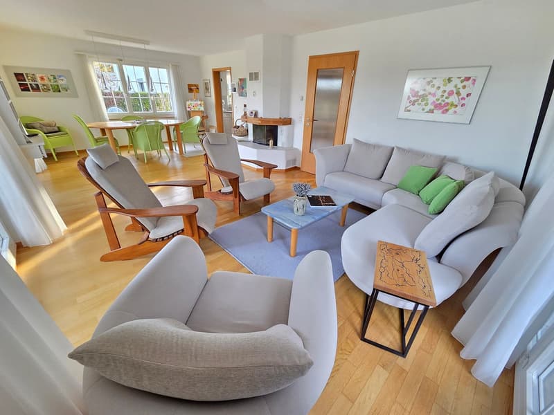 U-shaped sofa, two armchairs, wooden coffee table, rug, fireplace, dining table, chairs, kitchen in the background