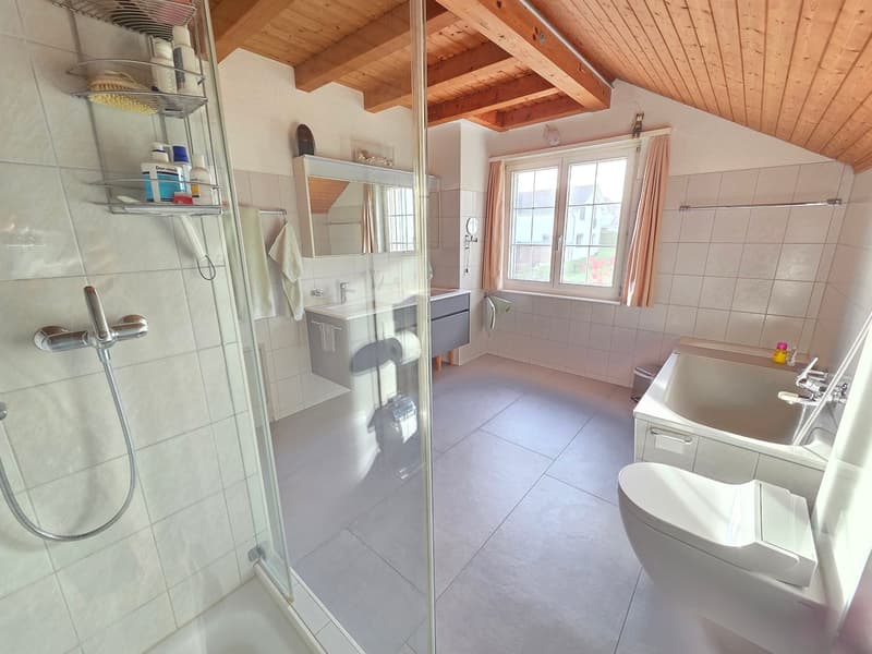 Bathroom with bathtub, shower, sink, and toilet
