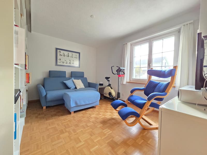Blue sofa, blue armchairs, exercise bike, white bookshelf, picture frame, TV, wooden floor