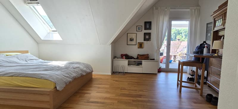 bedroom with wooden bed, hardwood floor, sloping ceilings, skylights, desk, shelves, balcony, clothes hanging