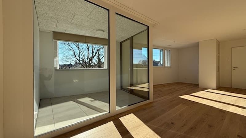 empty room, wooden floor, large windows, sliding glass doors, balcony