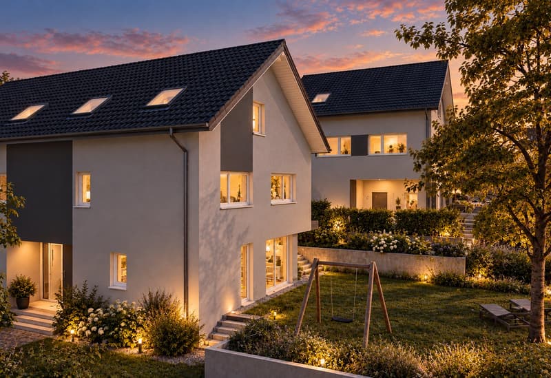 Aussenansicht auf Doppeleinfamilienhaus - Abendstimmung