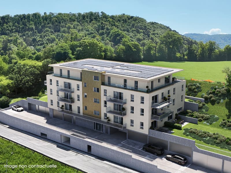 3 story house, beige exterior, solar panels on the roof, balconies, parking place, raised ground floor, swimming pool