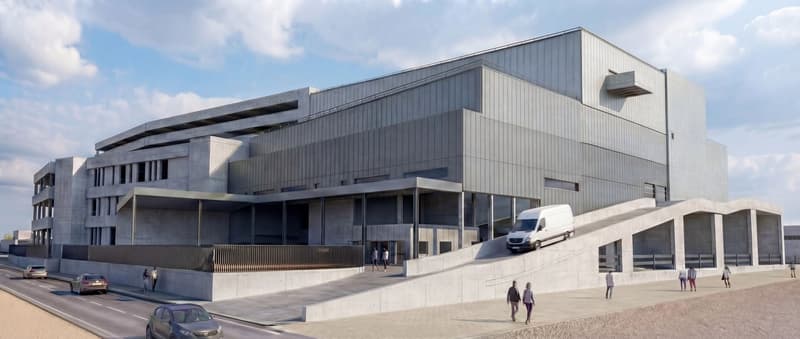 modern architectural design, elevated entrance ramp, large windows, multi-level structure, concrete construction