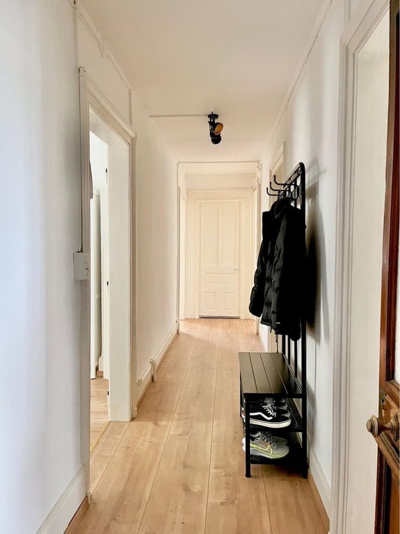 long hallway, wooden floors, white walls, modern black coat rack, ceiling lamp