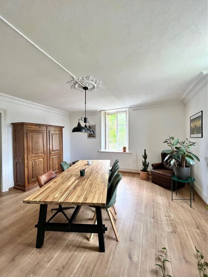 dining room, long wooden table, brown chair, white wall, brown wooden cabinet, hanging lamp, window, potted plants, picture frame