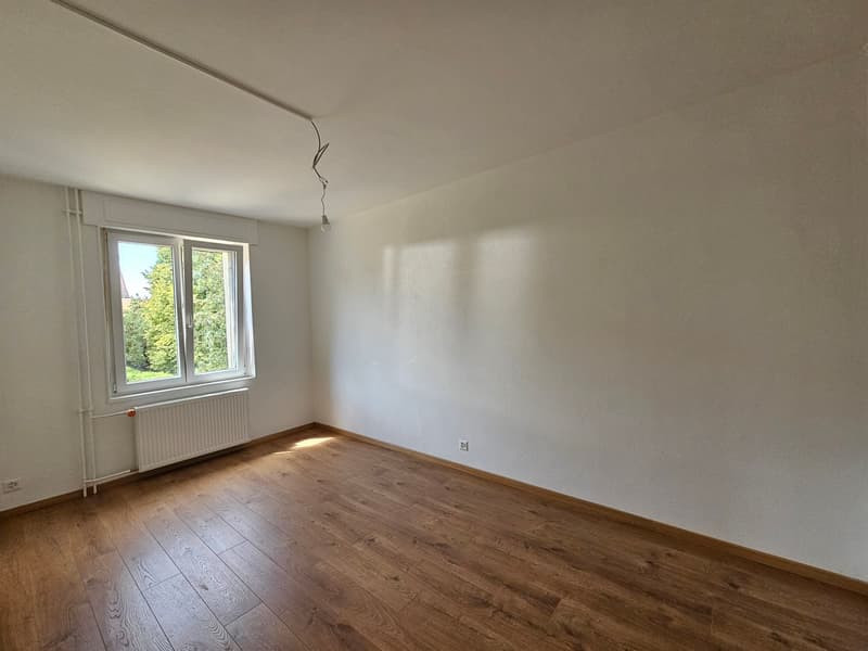 empty room, white walls, wooden floor, window, radiator