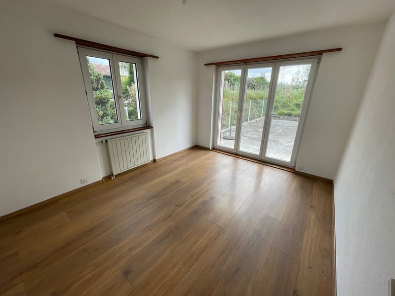 empty room, wooden floor, white walls, two windows, sliding glass door