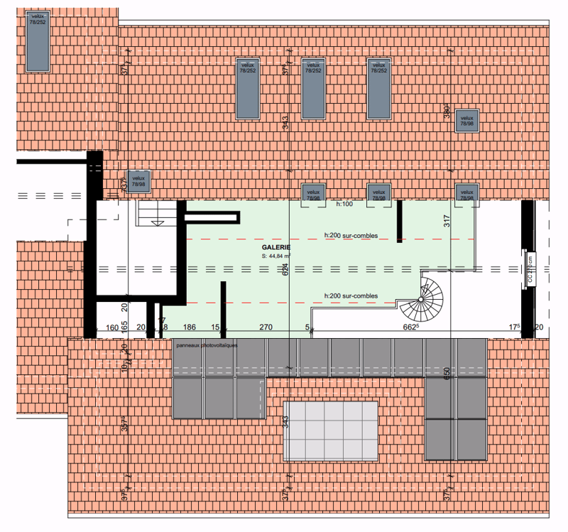 Gallery, 2 bedrooms, living room, kitchen, dining area, bathroom, spiral staircase, photovoltaic panels