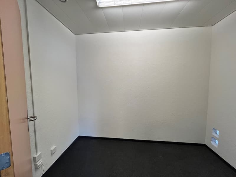 An empty room with white walls, black flooring, a ceiling light, and outlets