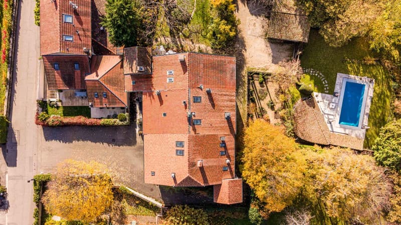 Un jardin, une piscine avec poolhouse et deux garages fermés