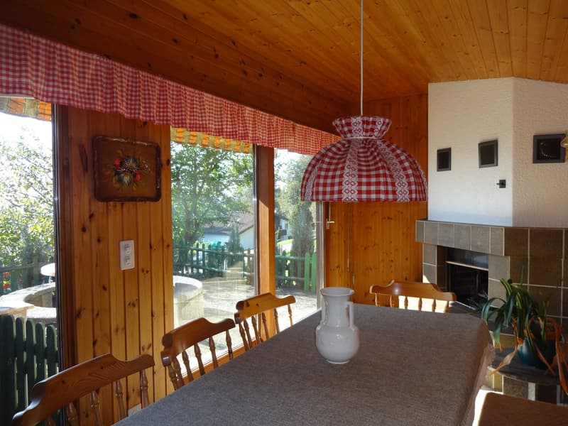 Dining room: wooden walls, glass door, fireplace, dining table, wooden chairs, white vase, wooden frame with flower painting, tiled hearth, potted plant, natural light, outdoor view.