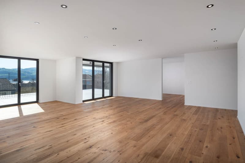 large windows, balcony, hardwood floors, white walls, recessed lighting