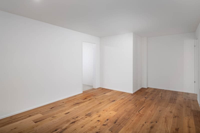 empty room, white walls, wooden floor, doorway