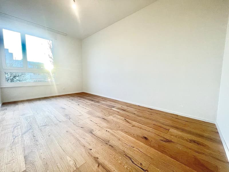 empty room, hardwood floor, white walls, large windows, power outlet