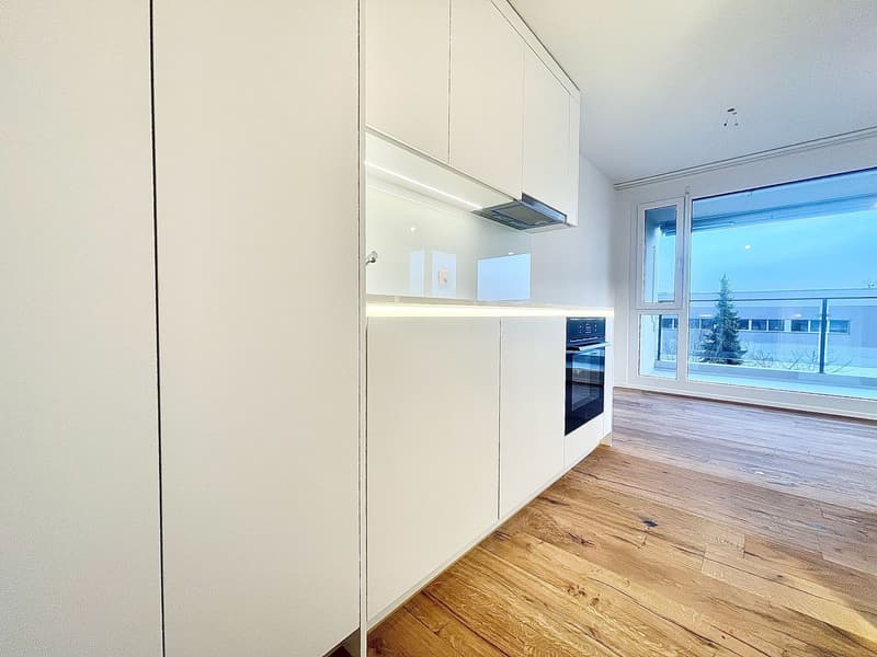 modern kitchen with white cabinets, wooden floor, large windows, built-in oven, and a view of the outside