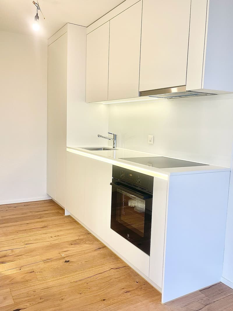 modern kitchen with white cabinets, wooden floor, integrated oven and dishwasher, sink with faucet, under cabinet lighting
