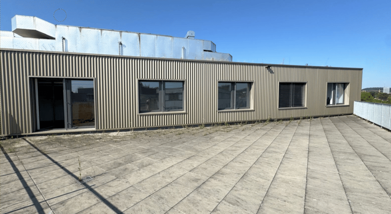 Metal siding, large windows, glass door, tiled rooftop, shadow on the ground, sunny weather