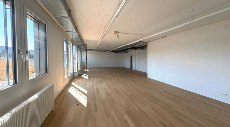 Hardwood floors, white walls, large windows, door, white ceiling, radiator, windows with sliding doors.