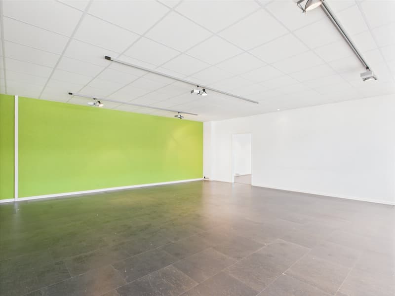 An empty room with a green wall and a white wall, a white ceiling with track lighting, and a tiled floor.