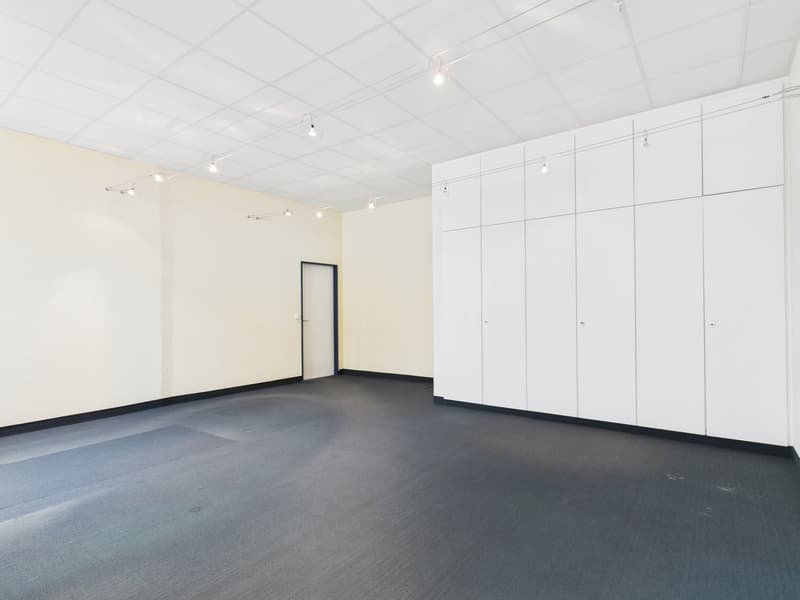 empty room, grey carpet, track lighting, white walls, white doors
