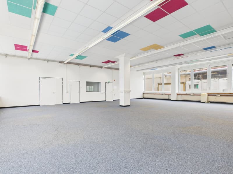 Spacious room with gray carpet, white walls, colored square ceiling panels, glass doors, windows