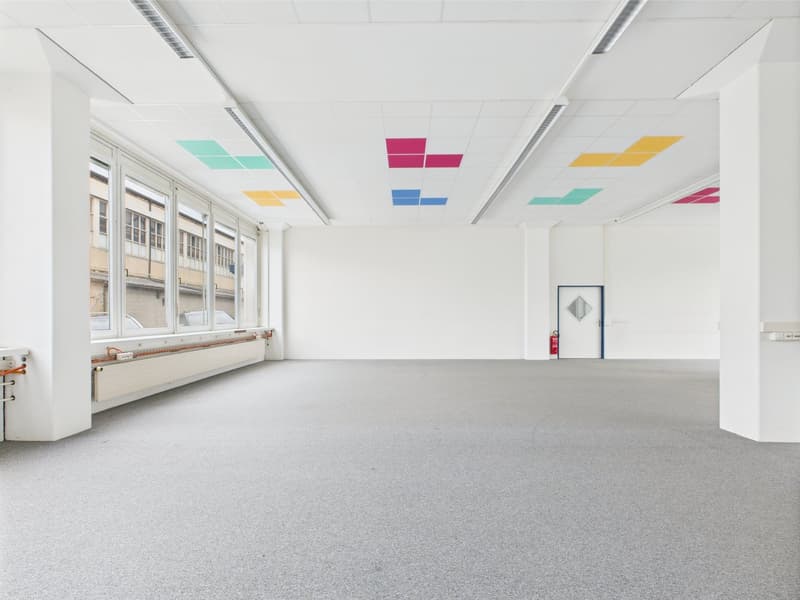 Empty room, gray carpet, large windows, white walls, square ceiling tiles with different colors