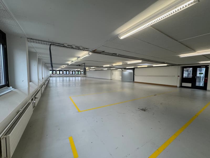 Wide, clean parking space with painted yellow lines, white walls, and overhead ceiling lights