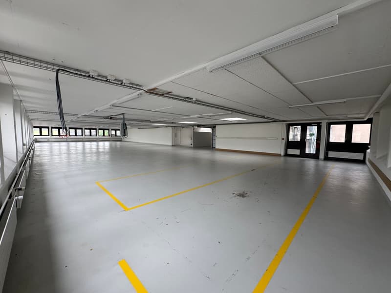 empty parking lot, white walls, fluorescent ceiling lights, yellow markings