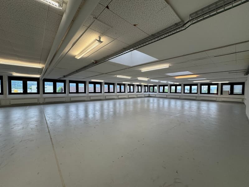 large room with large windows, ceiling with several lighting fixtures, white walls and floors