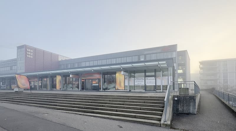 modern commercial building, two-story, glass wall with entrance, staircase leading to entrance, fog-covered background