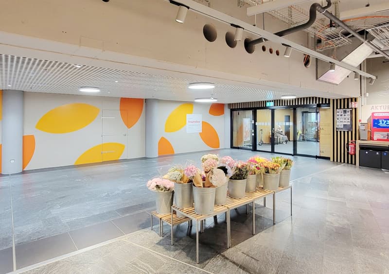 Spacious room with gray tiles, geometric patterns on the wall, flower buckets on wooden bench, large windows, fluorescent ceiling lights.