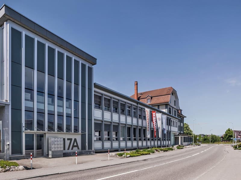 Gray modern building with glass windows, sign reading '17A', banners, located on a street with streetlights and greenery, empty road