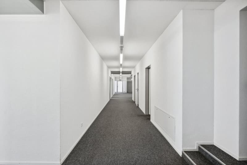 Empty hallway with white walls, gray floor, and recessed ceiling lighting