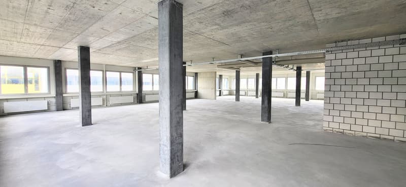 empty room, concrete floor, glass windows, heating panels on the walls, pillars