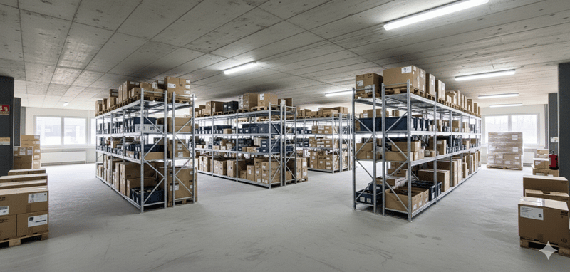 Large warehouse with multiple pallets and shelves full of storage boxes