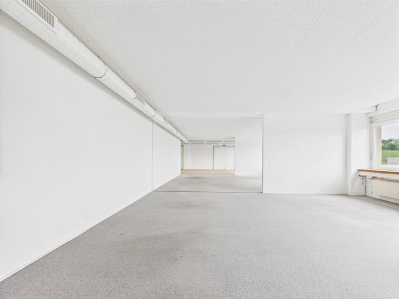 empty room, white walls, gray carpeted floor, white ceiling, central air duct